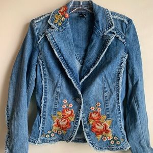 Womens Floral Embroidered Jean Jacket Size Small